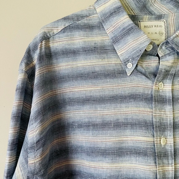 Billy Reid Blue Striped Linen Blend Long Sleeve Button Up Shirt - Picture 5 of 12